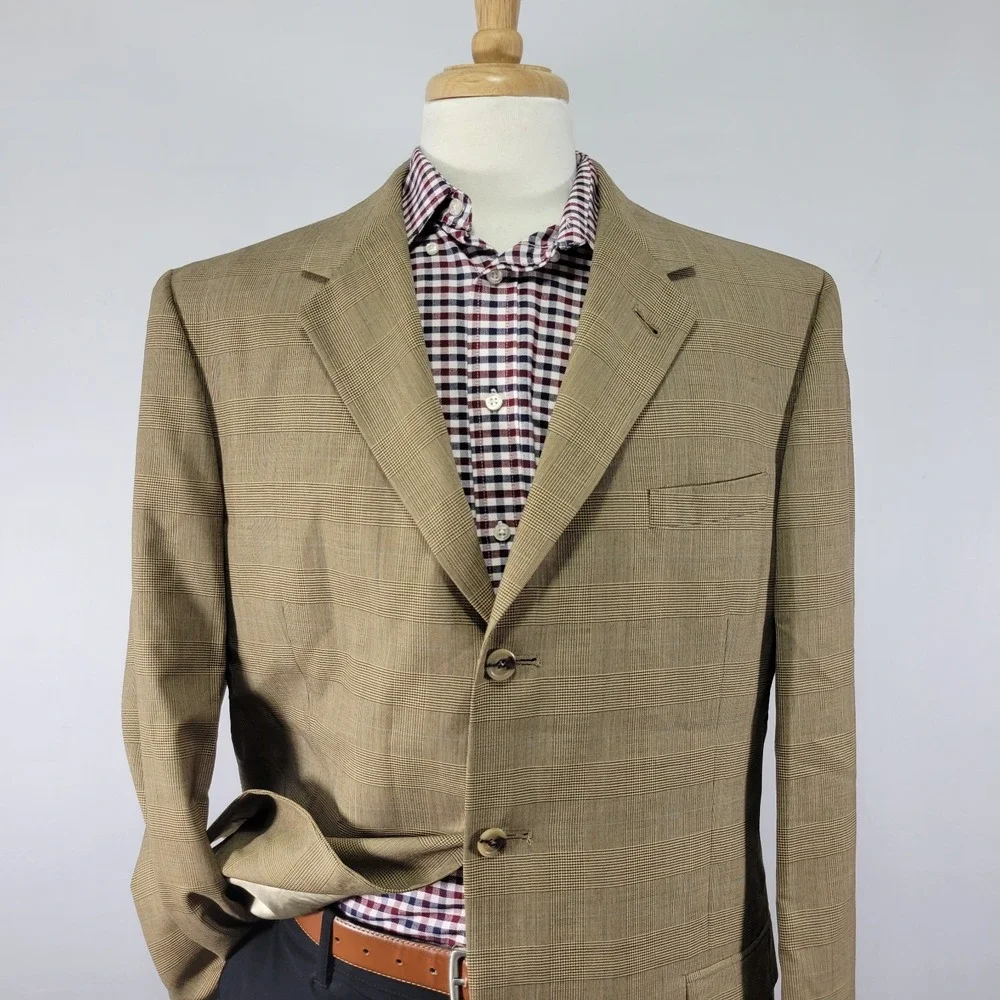 VTG Tommy Hilfiger Men's Sport Coat Blazer Three Button Brown Plaid Wool Sz‎ 44L